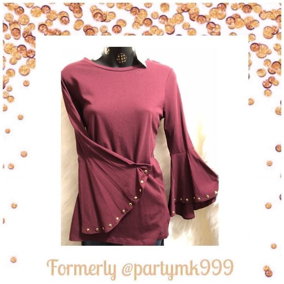 Michael Kors Merlot Gold Studs Flare Sleeves Top - Picture 2 of 8